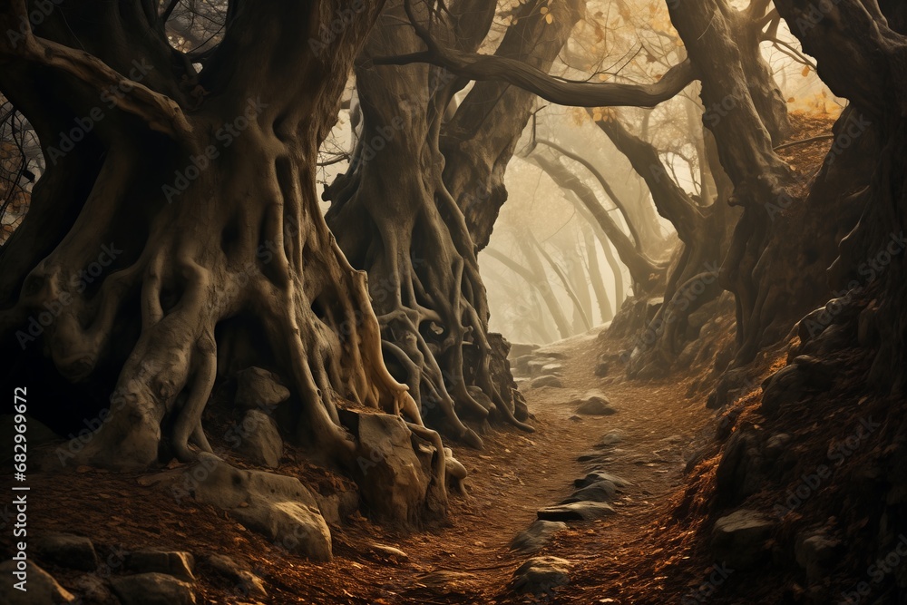 Mysterious, Dark Old Forest Trail Unveiled in Autumn Fog, Inviting Adventure into Nature's Ephemeral Beauty