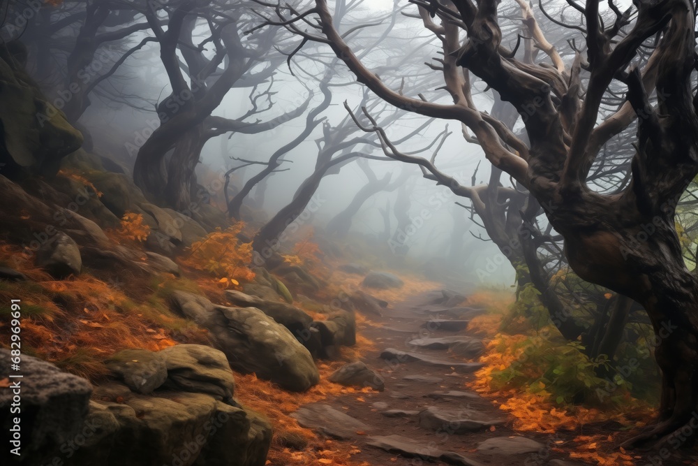 Mysterious, Dark Old Forest Trail Unveiled in Autumn Fog, Inviting Adventure into Nature's Ephemeral Beauty Mysterious, Dark Old Forest Trail Unveiled in Autumn Fog, Inviting Adventure into Nature's Ephemeral Beauty