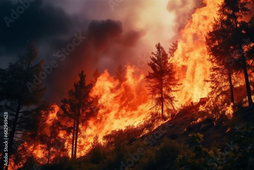 Forest Fire Sweeping Through the Majestic Mountains, Nature's Fierce Dance of Destruction and Renewal