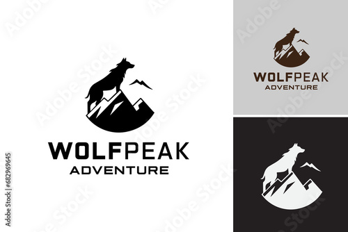 Wolf Peak Adventure Logo is a dynamic logo design featuring a wolf and mountains. It is suitable for outdoor adventure companies, wildlife organizations, and nature-based businesses.