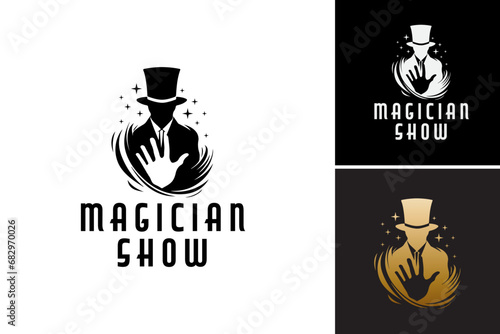 Black and white logo for magician show with a magician's hand is a stylish and versatile design perfect for promoting magic shows, illusionists, or entertainment businesses. photo