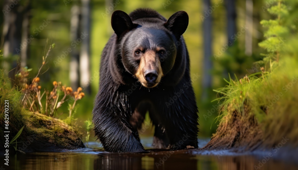 A Majestic Black Bear Wading Through a Serene River, Exuding Power and Grace A Majestic Black Bear Wading Through a Serene River, Exuding Power and Grace