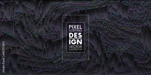 Futuristic pixel sorting style background with gradient lines and iridescent flickering pixels. Geometric trendy glitch art design. Digital noise. Data error. Pixel art texture. Vector illustration