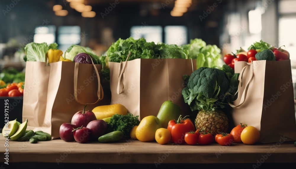 Shopping bags filled with fresh vegetables and fruit are in the corner of the table Shopping bags filled with fresh vegetables and fruit are in the corner of the table