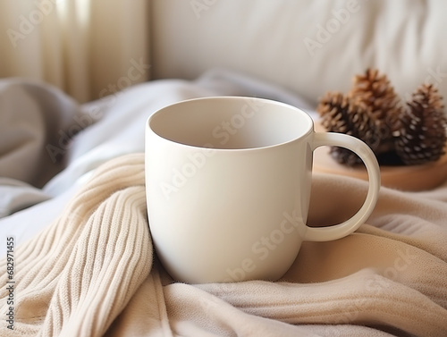 White coffee mug mockup, ceramic cup mockup, cozy winter composition on warm knitted scarf