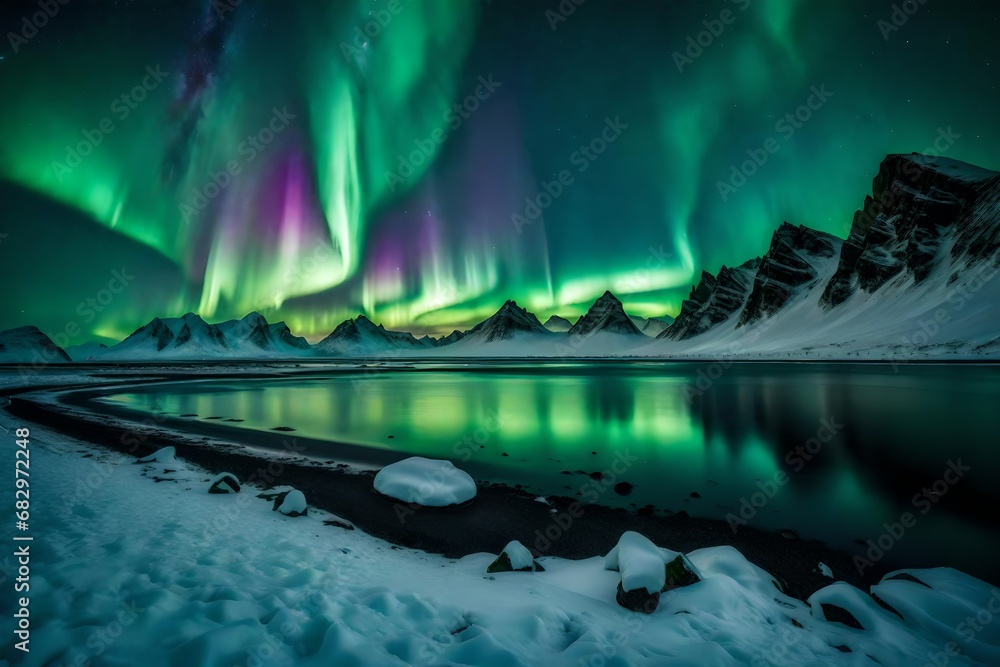 Immerse yourself in the surreal beauty of the green aurora borealis dancing gracefully above a snowy Icelandic mountain range, with Vestrahorn mountain and a black sand Stockness beach.