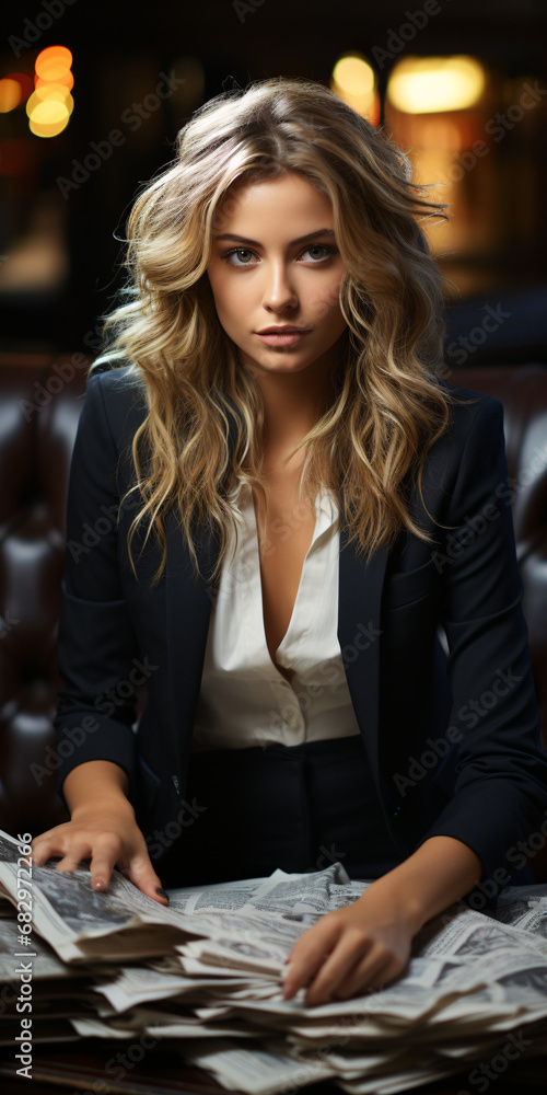 Fototapeta premium Portrait of an attractive businesswoman in an office space, beautiful female CEO, secretary or manager, successful and confident woman in a stylish business suit
