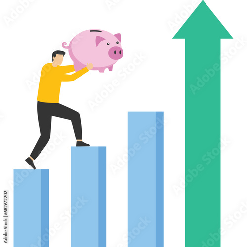 Growth stock concept, economic prosperity or growth returns in savings and investment, confident businessman investor holding a rich pink piggy bank walking over green arrow stock market bar chart.

