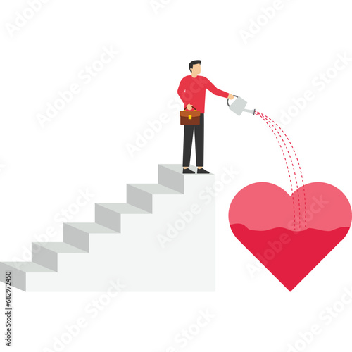 Work passion concept, mindset or attitude to work in we love to do concept, motivation to succeed and win business competition, businessman pouring water to fulfill heart shape metaphor of passion.

