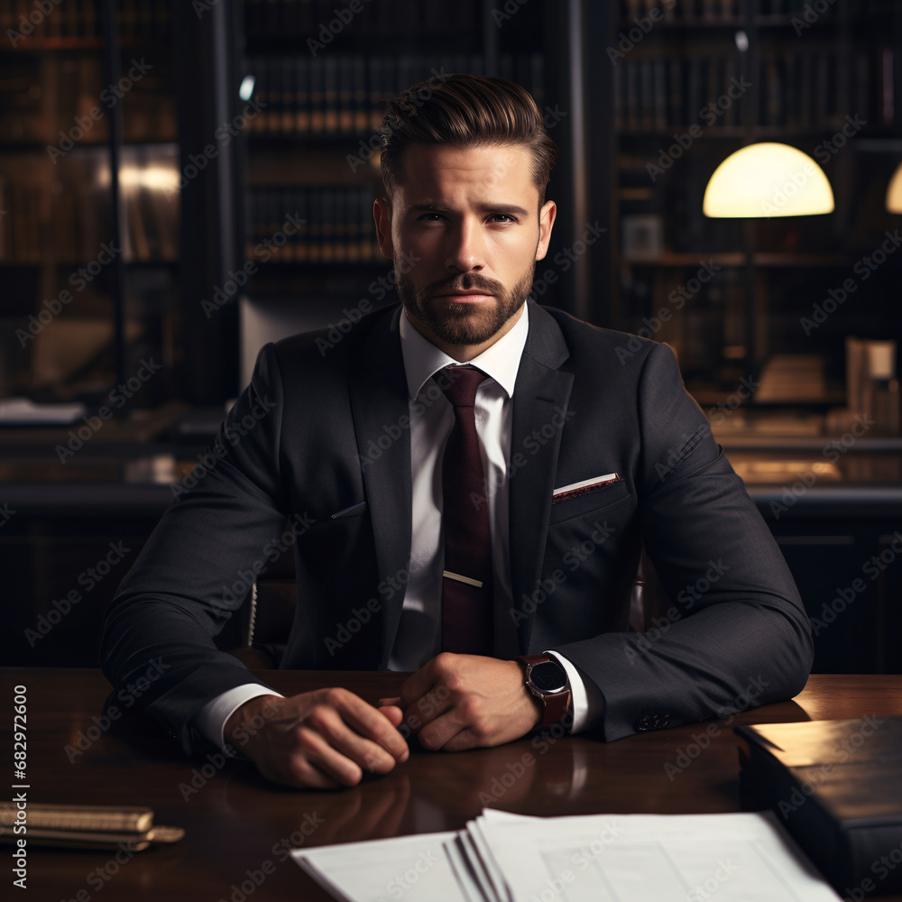 Portrait of a male leader in an office room at a table, businessman at work, successful and confident male entrepreneur in a business suit Portrait of a male leader in an office room at a table, businessman at work, successful and confident male entrepreneur in a business suit