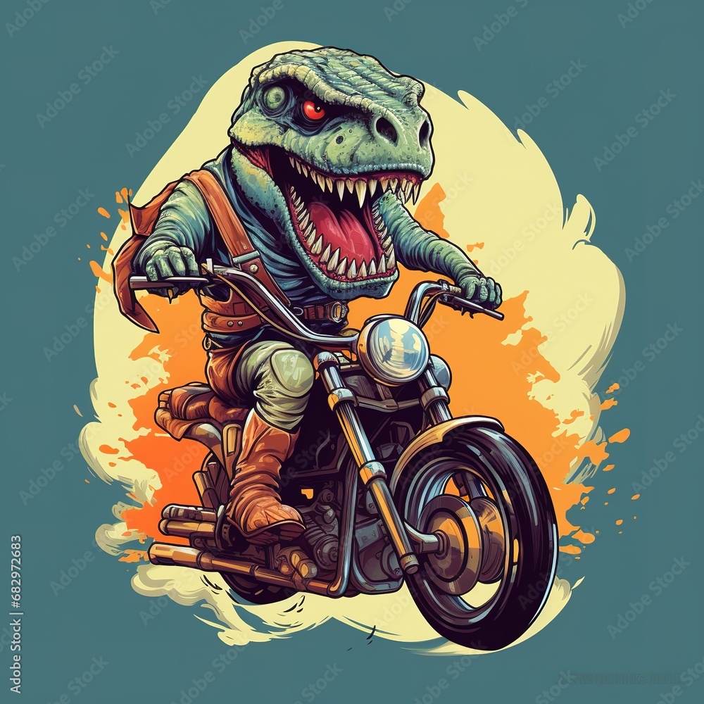 Fototapeta premium Dinosaur driving a motorcycle in the summer