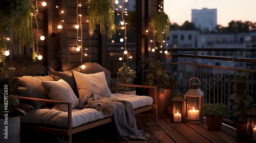 A balcony garden with hanging planters  cozy seating  and twinkling string lights  creating a magical outdoor space.