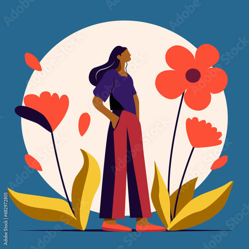 Woman standing posture with loose fit business casual wear on flower background vector in flat style