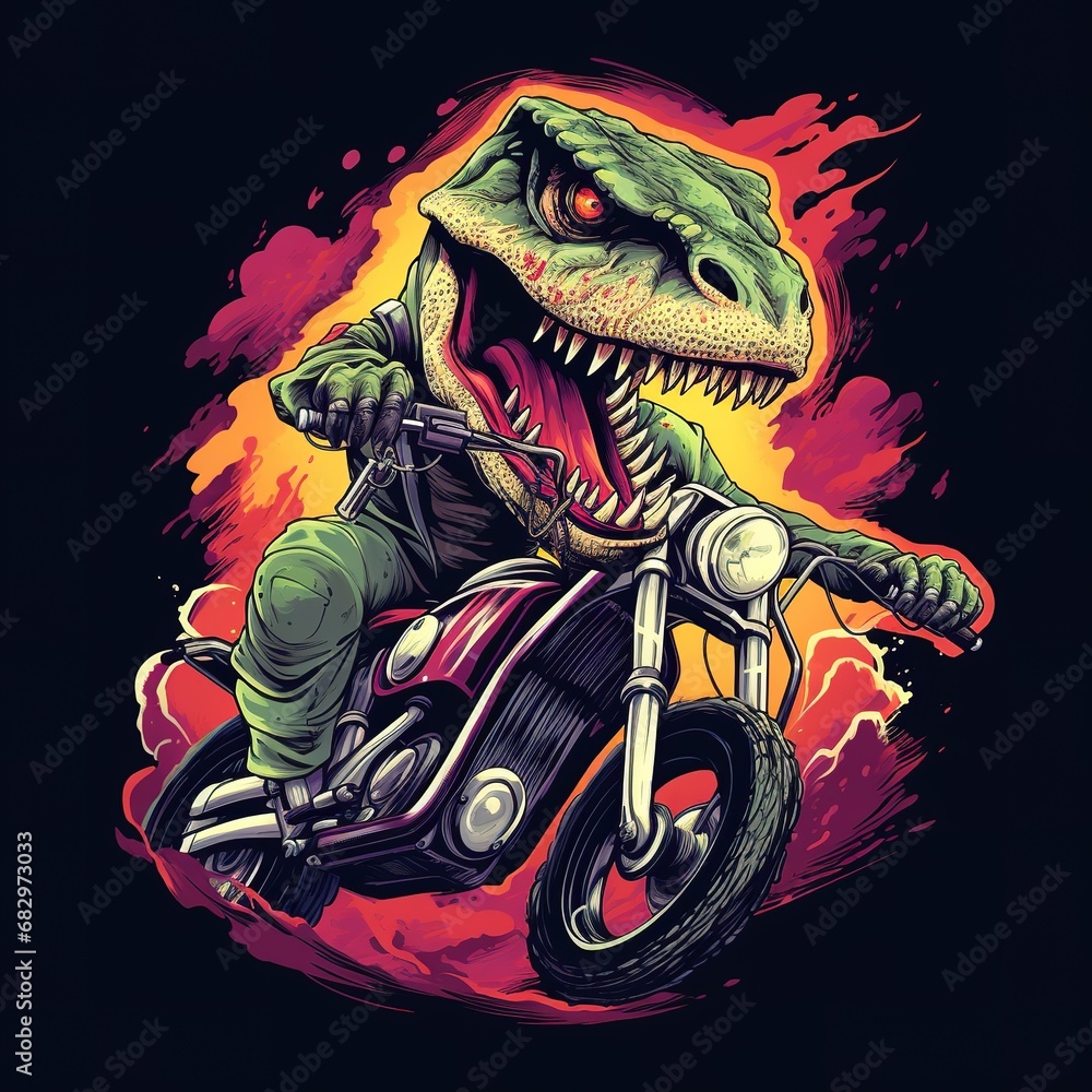 Dinosaur driving a motorcycle in the summer Dinosaur driving a motorcycle in the summer