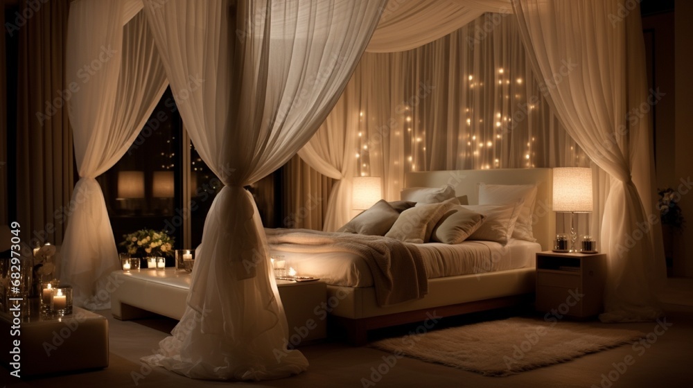 A bedroom designed with a canopy bed, sheer curtains, and soft lighting for an elegant and relaxing ambiance.