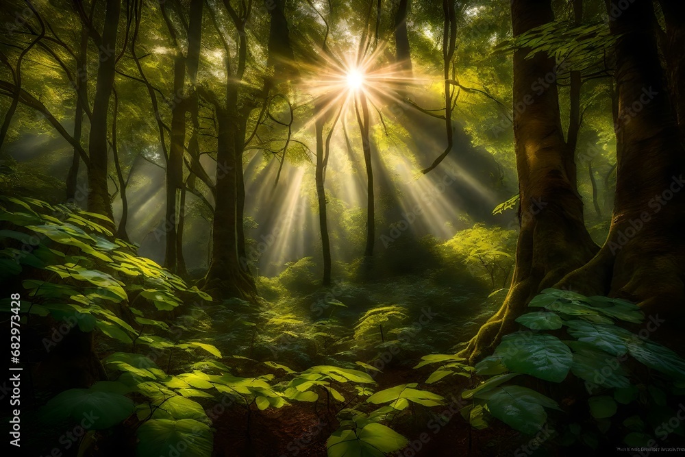 The symphony of birdsong filling the air as rays of sunlight break through the dense foliage of the forest.