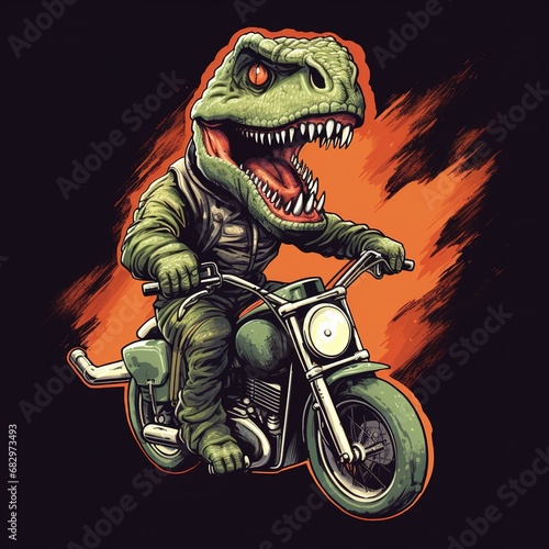 Dinosaur driving a motorcycle in the summer