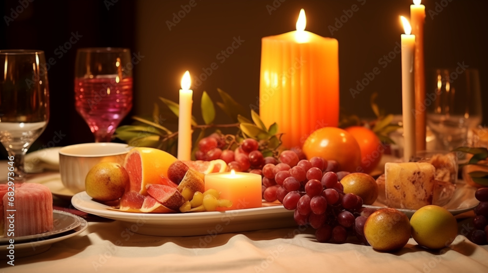 Candlemas Feast Table: Photograph a beautifully set table for a Candlemas feast, featuring candles of various sizes, creating an inviting and celebratory ambiance Candlemas Feast Table: Photograph a beautifully set table for a Candlemas feast, featuring candles of various sizes, creating an inviting and celebratory ambiance