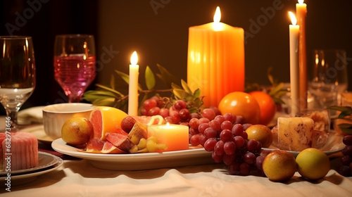 Candlemas Feast Table: Photograph a beautifully set table for a Candlemas feast, featuring candles of various sizes, creating an inviting and celebratory ambiance