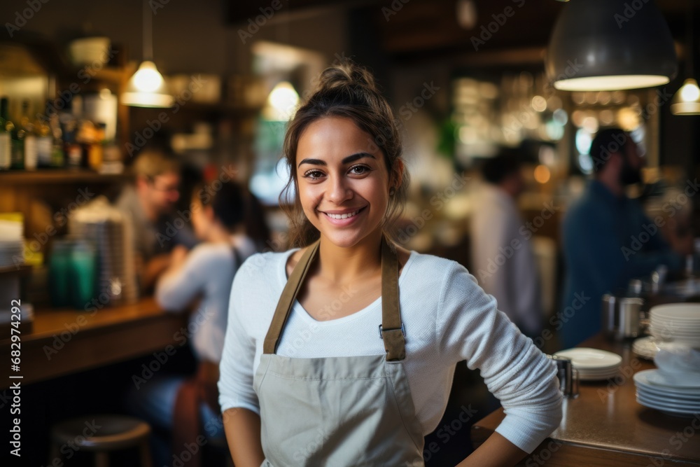 eautiful female cashier standing at counter working with cash register in coffee shop eautiful female cashier standing at counter working with cash register in coffee shop