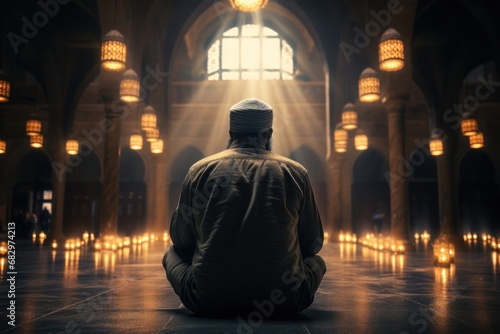 Asian Muslim man sitting while raised hands and praying on the mosque