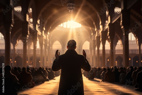 Asian Muslim man sitting while raised hands and praying on the mosque