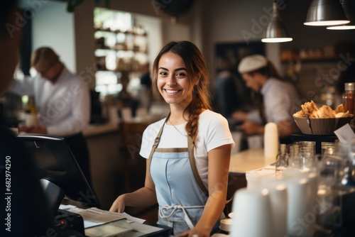 eautiful female cashier standing at counter working with cash register in coffee shop