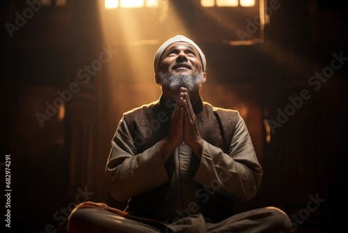 Asian Muslim man sitting while raised hands and praying on the mosque photo