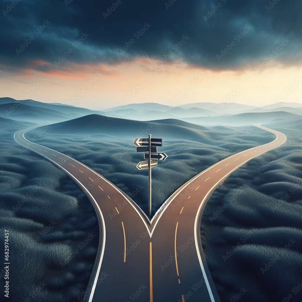 Road splits in two directions, difficult decision concept. - obrazy, fototapety, plakaty 
