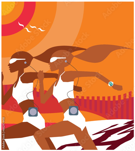 Two young girls running outdoors competing with each other. Modern Life style in an urban city vector Illustration.