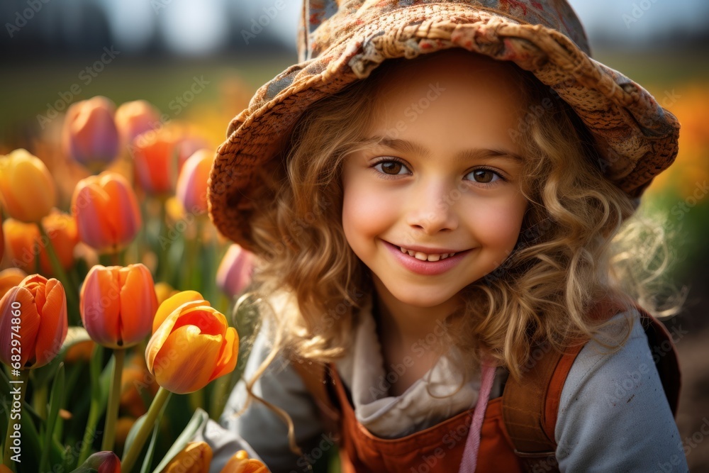 Child in tulip flower field with windmill in Holland.