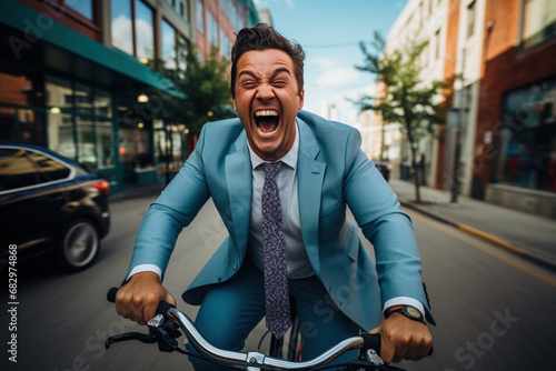 Crazy business, sustainable transport concept. Businessman in suit and tie riding bicycle to work in morning. Serious hardworking salary worker with open mouth cycling hurrying rushing to work