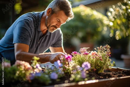 Close up of mature bearded caucasian man in blue t-shirt planting flowers in pot with garden © sirisakboakaew