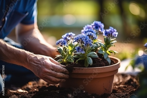 Close up of mature bearded caucasian man in blue t-shirt planting flowers in pot with garden