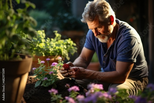 Close up of mature bearded caucasian man in blue t-shirt planting flowers in pot with garden © sirisakboakaew