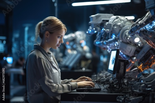 ndustry manager standing in robot engineering factory talking to woman client. photo