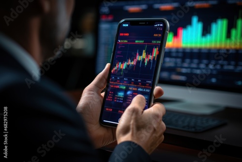 Crypto trader investor broker holding finger using cell phone app executing financial stock trade market trading photo