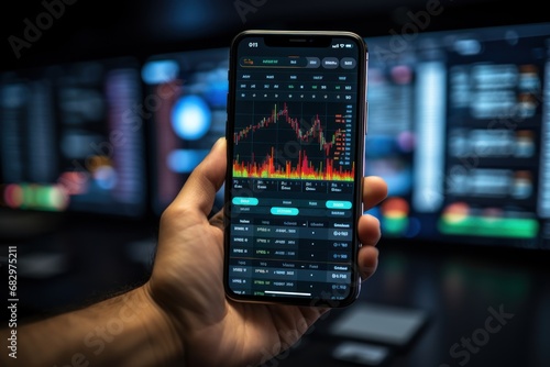 Crypto trader investor broker holding finger using cell phone app executing financial stock trade market trading