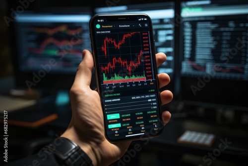 Crypto trader investor broker holding finger using cell phone app executing financial stock trade market trading