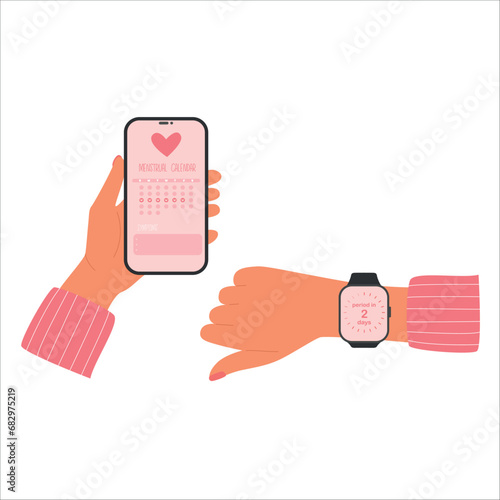 Girl holds phone with a menstruation calendar app with synchronization with smart watch. Period ovulation days tracker. .