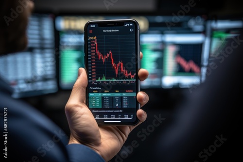 Crypto trader investor broker holding finger using cell phone app executing financial stock trade market trading photo