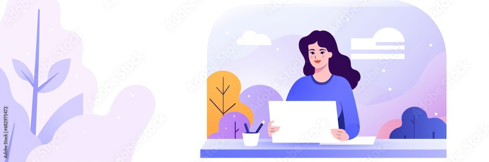 Woman looks at a Piece of Paper Background with Empty Copy Space - Beautiful Animated Business Woman Backdrop - Flat Vector Girl Graphics Illustration Wallpaper created with Generative AI Technology