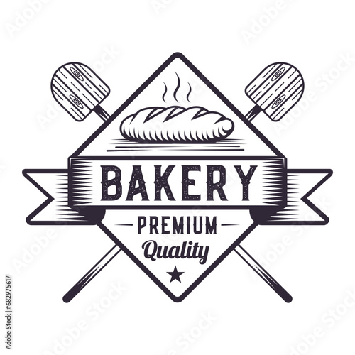 Bakery , classic badge logo design, bread emblem vintage symbol. food industry hand drawing mark art, Black color.