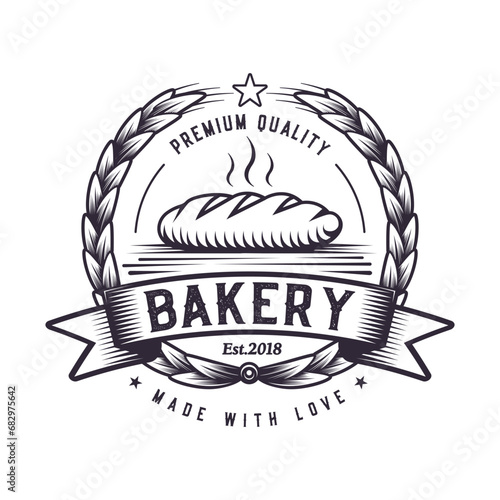 Bakery , classic badge logo design, bread emblem vintage symbol. food industry hand drawing mark art, Black color.