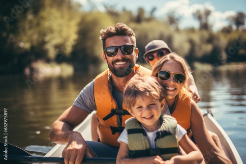Happy family with two kids enjoying kayak ride on beautiful river. photo