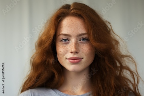 Headshot Portrait of happy ginger girl with freckles smiling looking at camera. White background.