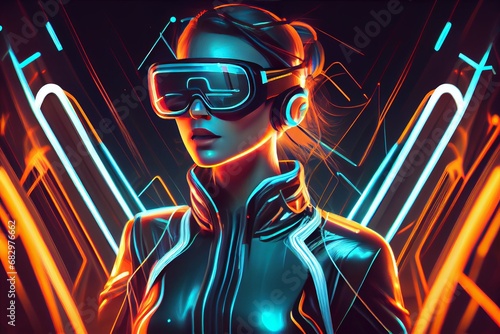 Portrait of young woman in VR glasses headset on fantastic neon glow background. Virtual reality futuristic concept.