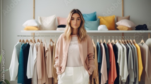 A stylish woman in a sweater and chic admires a selection of trendy and colorful garments in a boutique. Ai generated photo