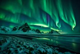 An ethereal moment captured by an HD camera, showcasing the mesmerizing beauty of the northern lights casting a vibrant green glow above a snow-covered mountain range, 