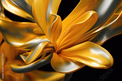 A detailed view of a vibrant yellow flower against a dark black background. This image can be used to add a pop of color and beauty to various design projects.